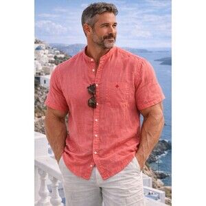 Maine New England Pure Linen Shirt XXL Coral Pink Short Sleeve Band Collar